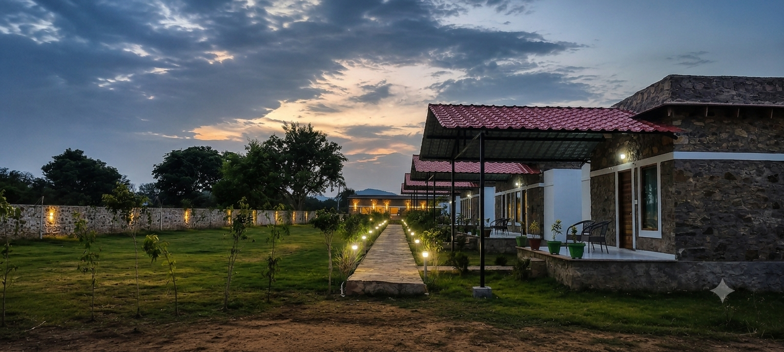 Svaranya stone cottages lit at dusk