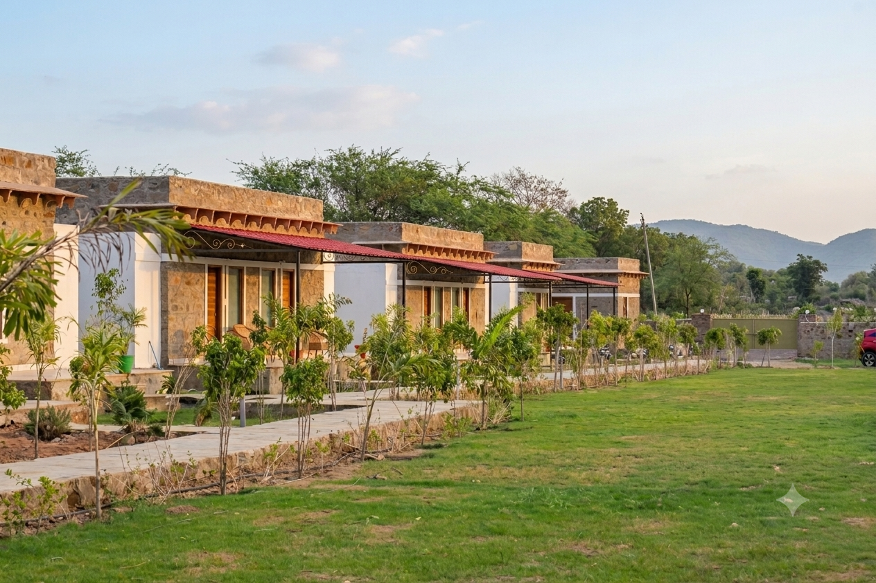 Row of Svaranya stone cottages with Aravalli hills beyond